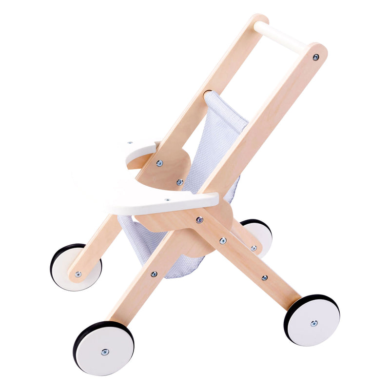 Load image into Gallery viewer, Houten poppenwandelwagen grijs blauw
