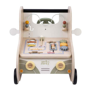 Jack jacky houten loopwagen met educatieve activiteiten – multi functional car – activiteiten loopwagen – walker speelgoed – motoriek cognitieve ontwikkeling – educatief houten speelgoed – jack jacky