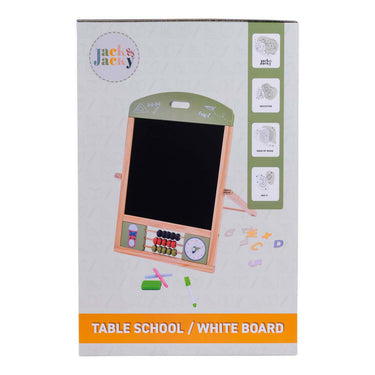 Jack jacky tafel schoolbord whiteboard – multifunctioneel 2-in-1 educatief speelbord – krijt- en magnetisch bord – leerbord met klok telraam – motoriek leren oefenen – inclusief accessoires – engelhart