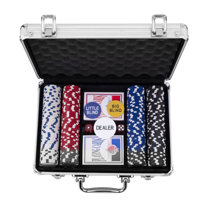 ギャラリービューアに画像をロードする, Longfield pokerset in zilveren koffer met 200 chips – compleet met kaarten, dealer buttons dobbelstenen – engelhart
