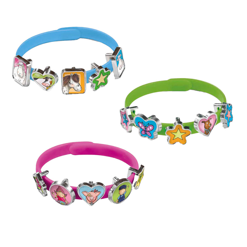 Afbeelding laden in galerijviewer, Bambolino fien teun schuif armbandjes maken - 3 armbandjes met 18 schuifbedels - vanaf 3 jaar - toys - boerderij thema
