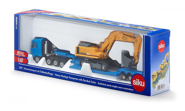 Siku 1847, vrachtwagen met dieplader voor zwaar transport, 1:87, metaal kunststof, blauw geel, ontkoppelbare aanhanger
