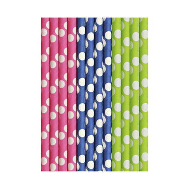 Duni papieren rietjes cocktail dots: blue, green pink 15cm pak a 25 stuks