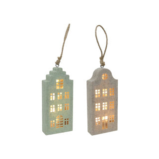 Grachtenhuis hanger beige groen vilt led 20cm 2 assorti