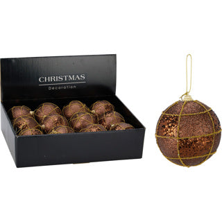 Kerstbal 80mm glitter bruin | 12 stuks