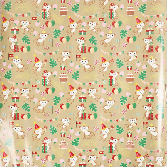 Inpakpapier, feestelijke aapjes, b: 50 cm, 80 gr, 100 m 1 rol