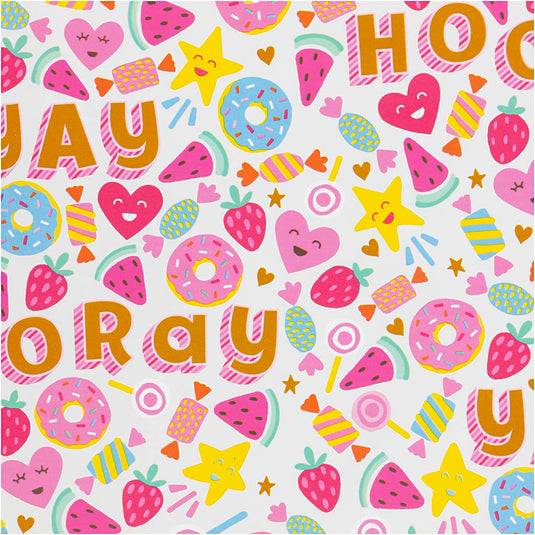Inpakpapier, snoep, fruit en donuts, b: 50 cm, 80 gr, licht turquoise, 100 m 1 rol