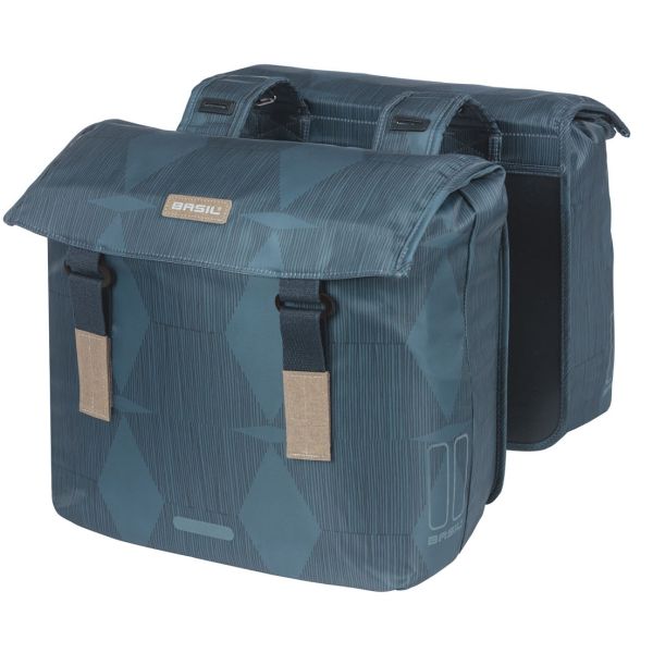 Afbeelding laden in galerijviewer, Basil Elegance dubbele fietstas, blauw, gerecycled PET, gevoerd, waterkerende sluiting, Universal Bridge, 40-49L
