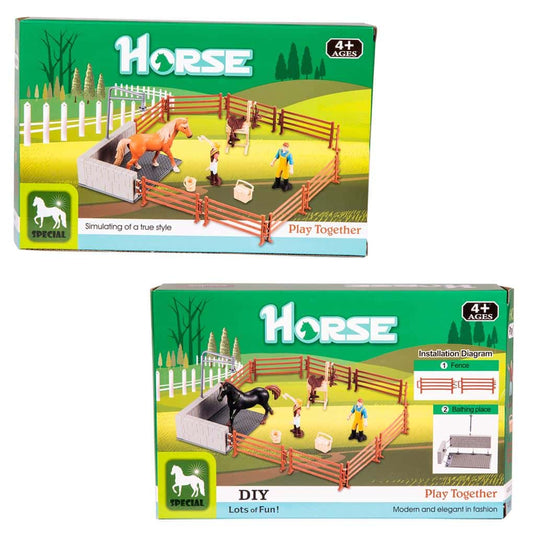 Van der meulen horse paard met afzetting voor een weide en 2 figuurtjes met accessoires