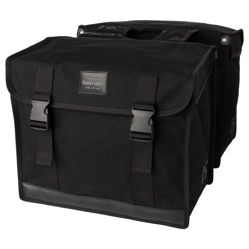 Afbeelding laden in galerijviewer, Fastrider canvas hybride 94 dubbele fietstas zwart 56l - afgeschuind - waterafstotend canvas - reflecterend - geschikt voor e-bike
