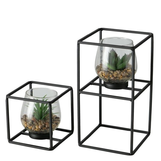 Boltze home kunstplant in glazen pot en zwarte metalen standaard sabia 2-delige set 11x11 13x24cm