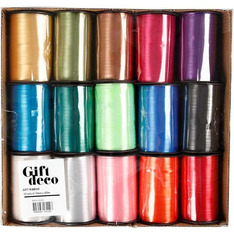 Load image into Gallery viewer, Https: www.cchobby.nl cadeaulint-b-10-mm-glossy-diverse-kleuren-15x250-m-1-doos
