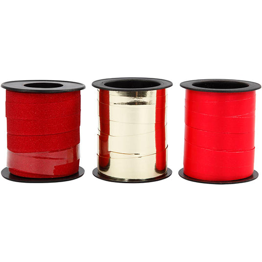 Cadeaulint, b: 10 mm, goud, rood, rood glitter, 3x15 m 1 doos