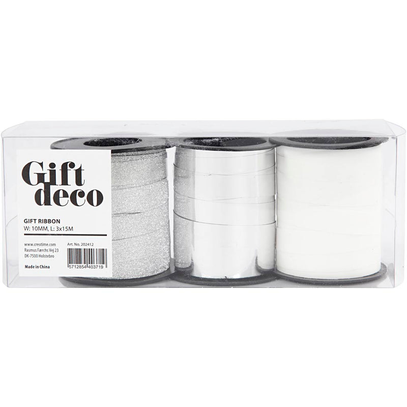 Load image into Gallery viewer, Https: www.cchobby.nl cadeaulint-b-10-mm-zilver-glitter-zilver-wit-3x15-m-1-doos
