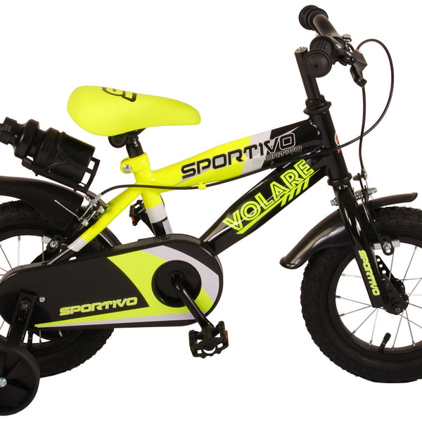 Volare Sportivo Kinderfiets - Jongens - 12 inch - Neon Geel Zwart - Twee Handremmen - 95% afgemonteerd