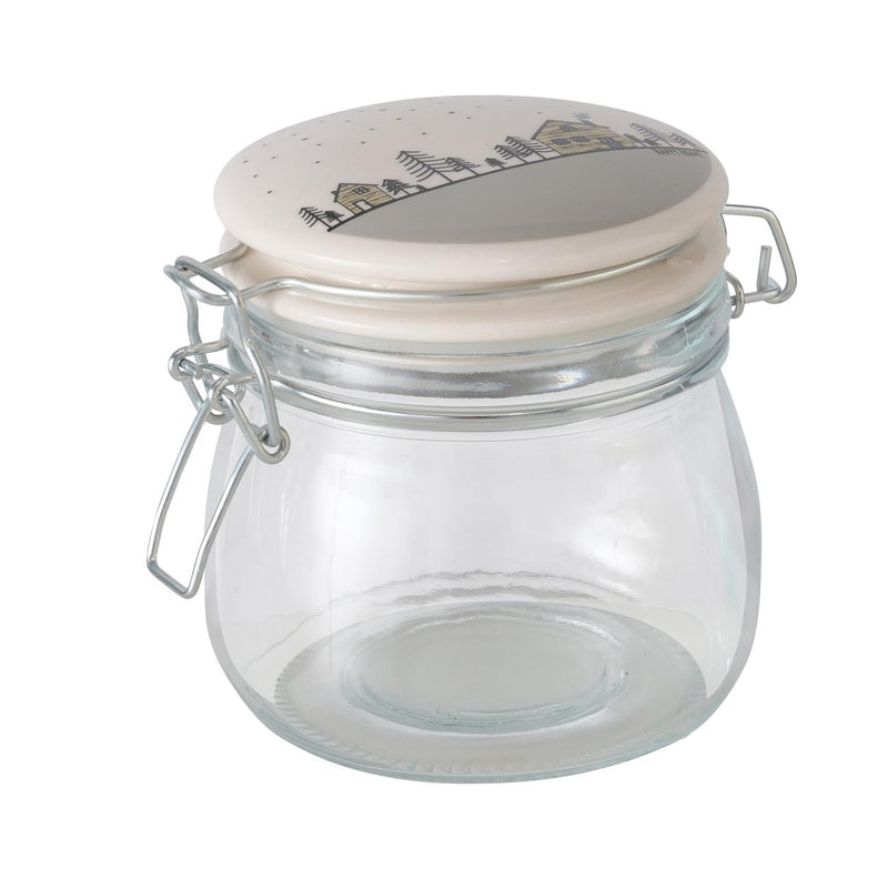 Afbeelding laden in galerijviewer, Boltze home voorraadpot homewood glas met keramieken klemdeksel met afbeelding van huisjes 450ml- h12cm dia10cm
