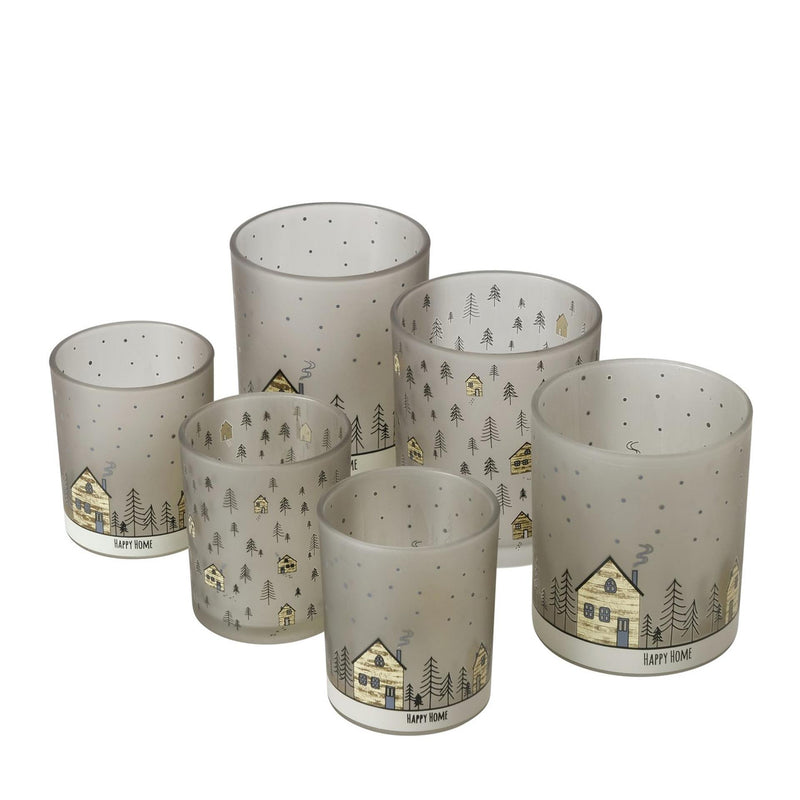 Afbeelding laden in galerijviewer, Boltze home theelichthouder glas homewood set a 2 stuks met afbeelding van huisjes- h8,5cm dia 7cm en h10cm dia 9cm
