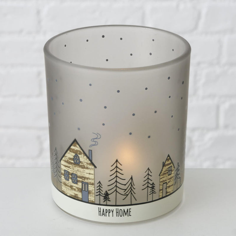 Afbeelding laden in galerijviewer, Boltze home theelichthouder glas homewood set a 2 stuks met afbeelding van huisjes- h8,5cm dia 7cm en h10cm dia 9cm

