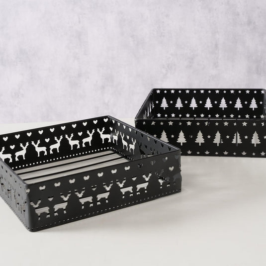 Boltze home servethouder norvag zwart metaal met decor herten of kerstbomen 18x18cm