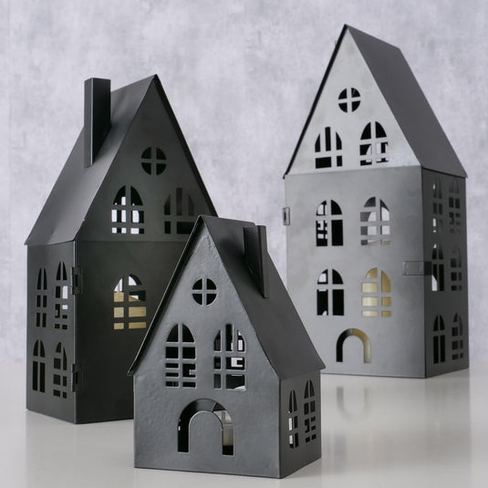 Boltze home lantaarnset dover huis 3-delig l8-12-12cm b7-10-13cm h13-24-35cm zwart