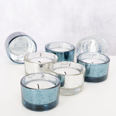 Boltze home theelichthouder balos glas 4-delig rond h3,3cm zilver blauw