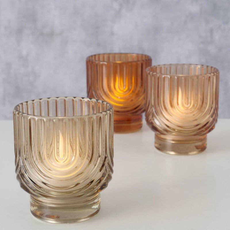 Afbeelding laden in galerijviewer, Boltze home windlicht arcy beige oranje glas ø7xh8cm 3 assorti
