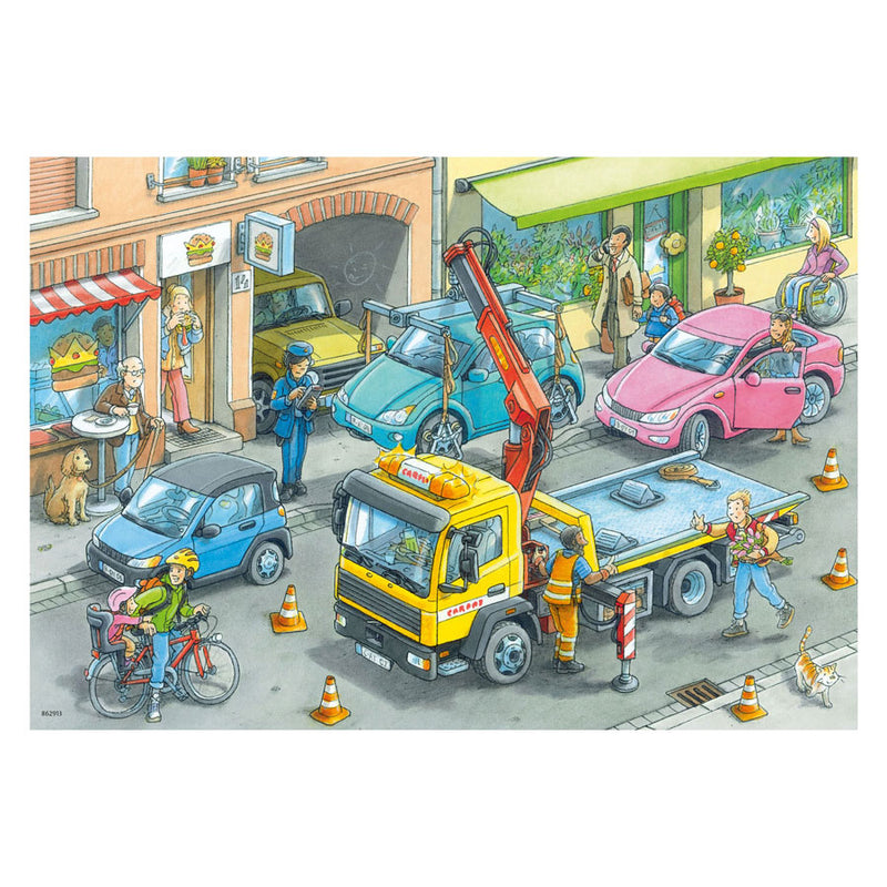Afbeelding laden in galerijviewer, Ravensburger puzzel vuilniswagen en sleepwagen - 2 x 24 stukjes
