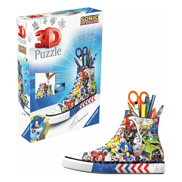 Afbeelding laden in galerijviewer, Ravensburger 3d puzzel pennenbak sonic the hedgehog sneaker 108 stukjes.
