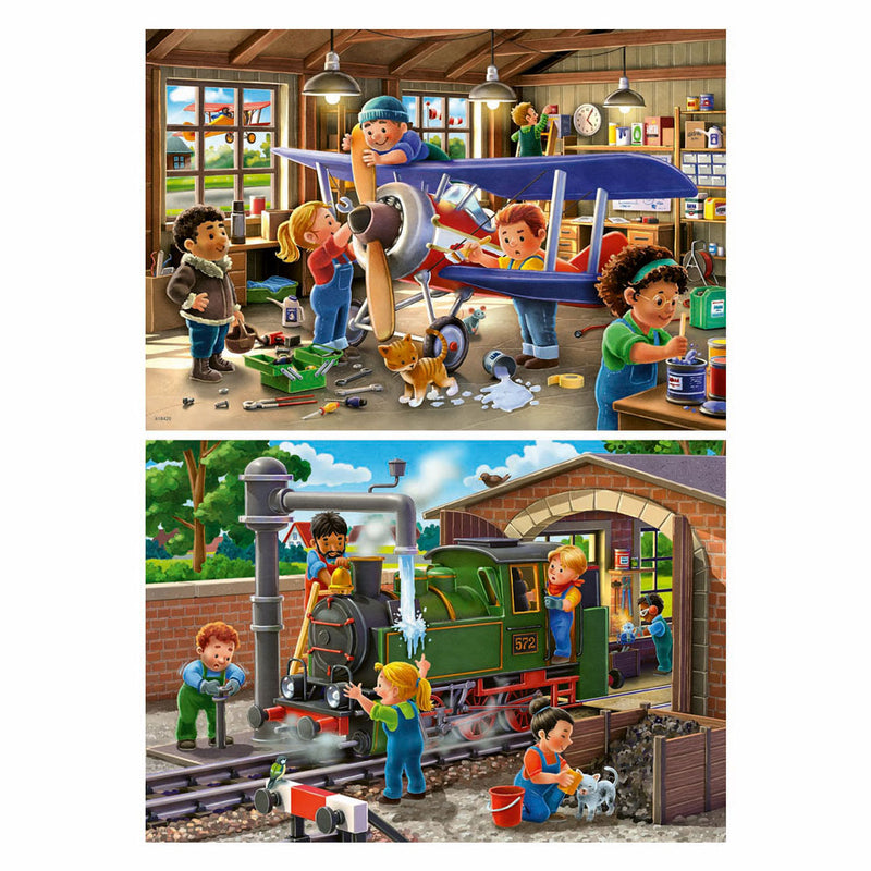 Load image into Gallery viewer, Ravensburger legpuzzel vliegtuig en trein reparatie, 2x24st.
