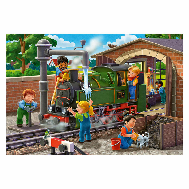 Load image into Gallery viewer, Ravensburger legpuzzel vliegtuig en trein reparatie, 2x24st.
