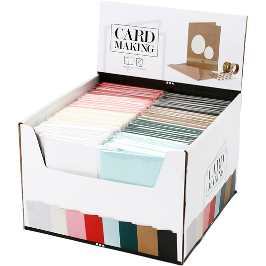 Kaarten en enveloppen, afmeting kaart 12,7x17,8 cm, afmeting envelop 13,3x18,5 cm, 230 gr, diverse kleuren, 8x10 doos 1 doos