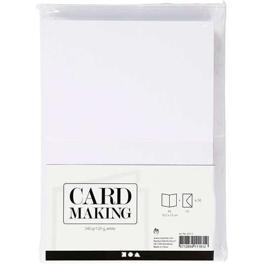 Creativ company kaarten en enveloppen, afmeting kaart 10,5x15 cm, afmeting envelop 11,5x16,5 cm, 120+240 gr, wit, 50 set 1 doos