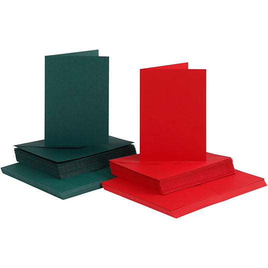 Kaarten en enveloppen, afmeting kaart 10,5x15 cm, afmeting envelop 11,5x16,5 cm, 110+230 gr, groen, rood, 50 set 1 doos