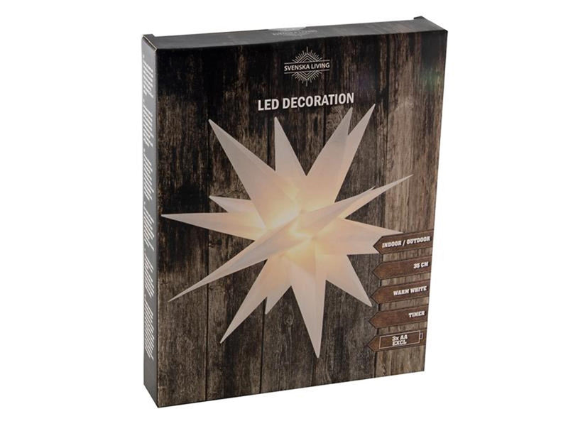 Afbeelding laden in galerijviewer, Svenska living ster 3d van kunststof 35cm wit met 4xled warm wit en timer werkt op 3xaa (excl) batterijen
