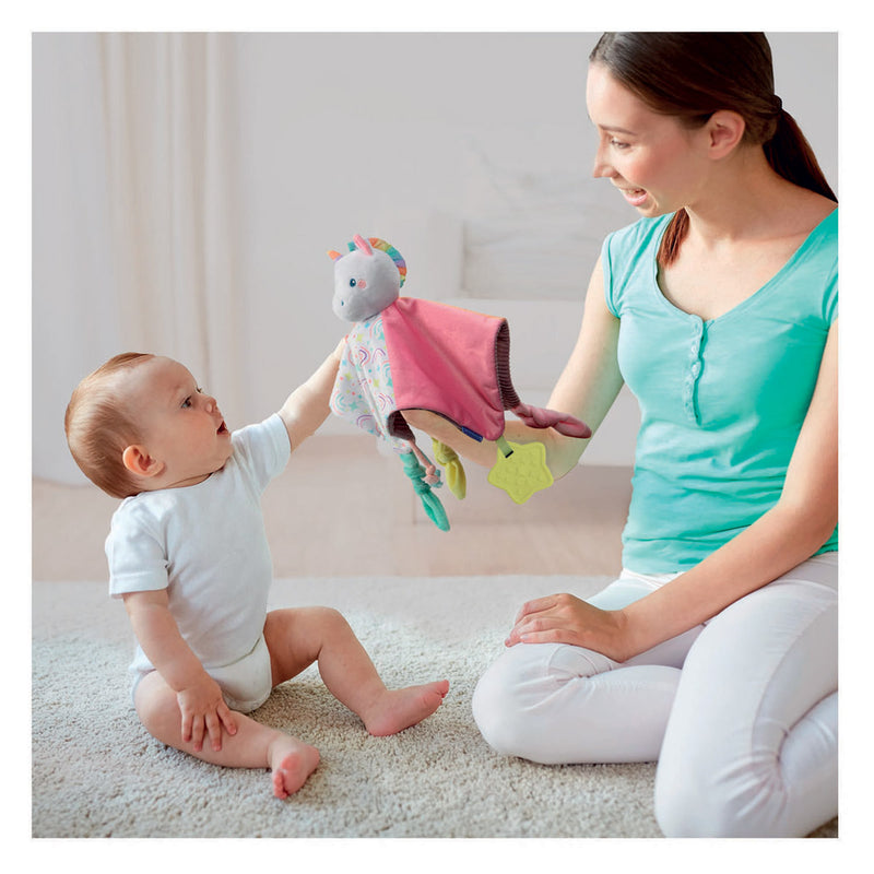 Afbeelding laden in galerijviewer, Clementoni knuffeldoekje eenhoorn soft cuddles - knuffeldoek met voeldetails - zacht kraamcadeau jongen of meisje - baby comforter vanaf 0 maanden
