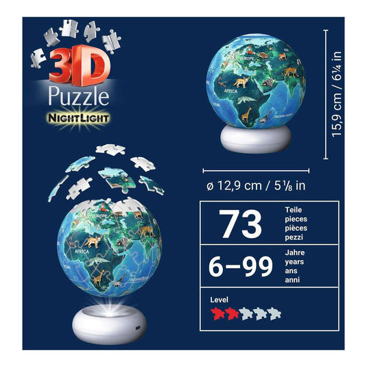 Ravensburger – aarde met diermotieven – 3d puzzle-ball nachtlicht – 73 stukjes