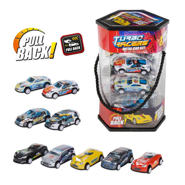 Toi-toys turbo racers metalen pull back auto's - 9st.