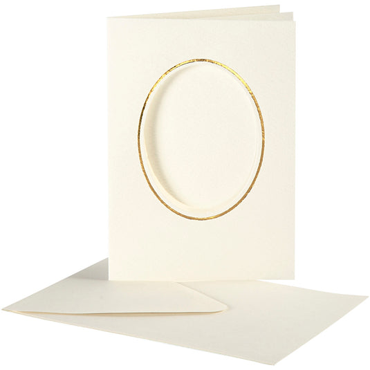 Passepartout kaarten , ovaal met gouden rand, afmeting kaart 10,5x15 cm, afmeting envelop 11,5x16,5 cm, off-white, 10 set 1 doos