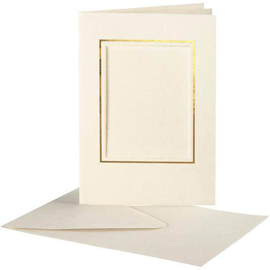 Passepartout kaarten , rechthoek met gouden rand, afmeting kaart 10,5x15 cm, afmeting envelop 11,5x16,5 cm, off-white, 10 set 1 doos