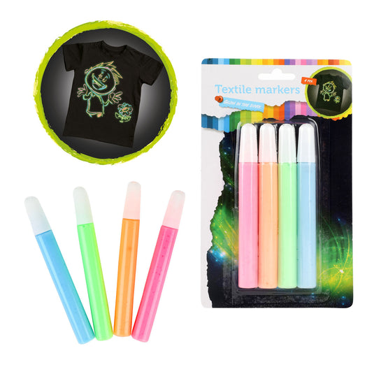 Toi-toys knijp textielstiften glow in the dark, 4st.