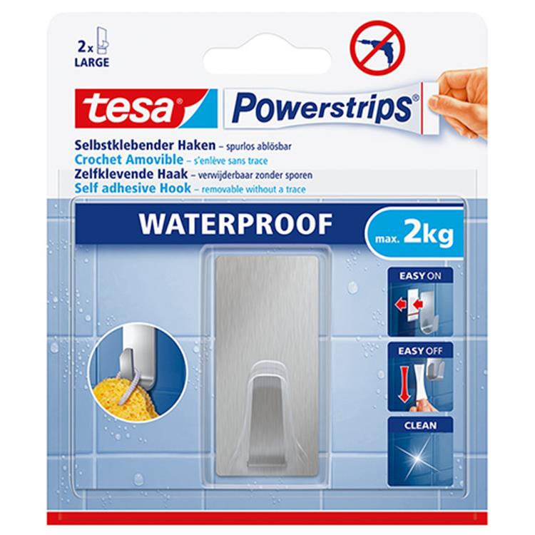 Afbeelding laden in galerijviewer, Tesa ® powerstrips waterproof kleefhaak l - rechthoekig - montage zonder boren - roestvrij staal (rvs) - draagkracht 2 kg - voor badkamer en douche
