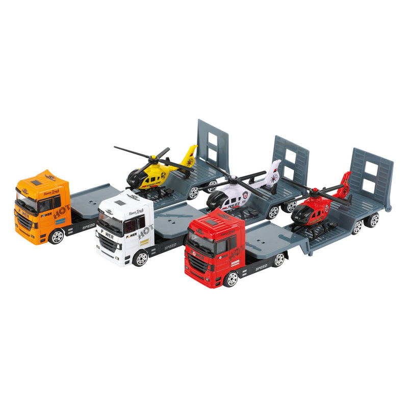 Load image into Gallery viewer, Toi-toys metal vrachtwagen met oplegger en helikopter
