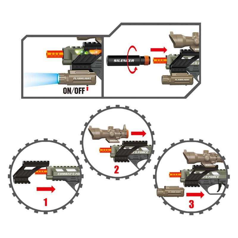 Load image into Gallery viewer, Toi-toys alfafox militair pistool met demper + zaklamp + licht en geluid
