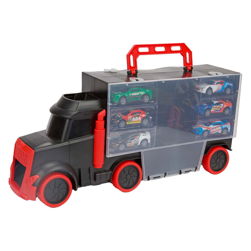 Load image into Gallery viewer, Toi-toys turbo racers vrachtwagen met 6 pull-back raceauto's
