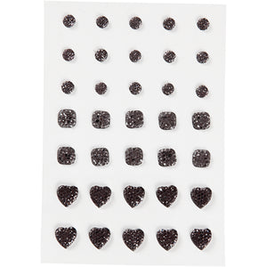 Strasstenen, rond, vierkant, hart, afm 6+8+10 mm, zwart, 35 stuk 1 doos