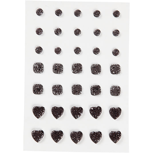 Strasstenen, rond, vierkant, hart, afm 6+8+10 mm, zwart, 35 stuk 1 doos