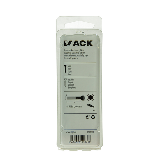 Mack 1017654 - binnenzeskant bout cyl.kop verz. 3 st m8 x 40 mm | 10 stuks