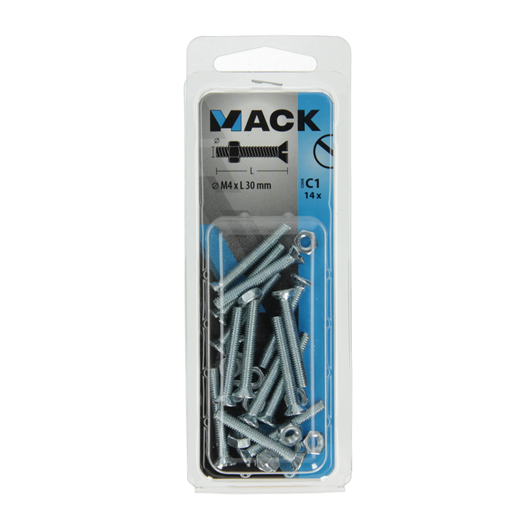 Afbeelding laden in galerijviewer, Mack 1017494 - metaalschroef verz. kop + moer verz. 14st m4 x 30 mm | 10 stuks

