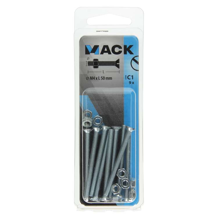 Afbeelding laden in galerijviewer, Mack 1017496 - metaalschroef verz. kop + moer verz. 9 st m4 x 50 mm | 10 stuks
