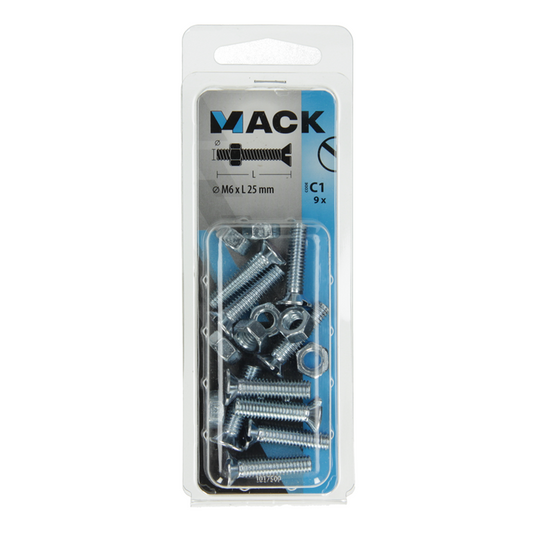 Mack 1017509 - metaalschroef verz. kop + moer verz. 9 st m6 x 25 mm | 10 stuks